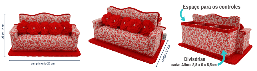 Medidas do porta controle remoto sofá arabesco vermelho com 3 divisórias