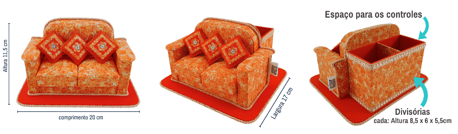 Medidas do porta controle remoto sofá floral laranja com 2 divisórias