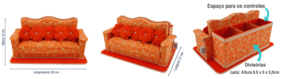Medidas do porta controle remoto sofá floral laranja com 3 divisórias