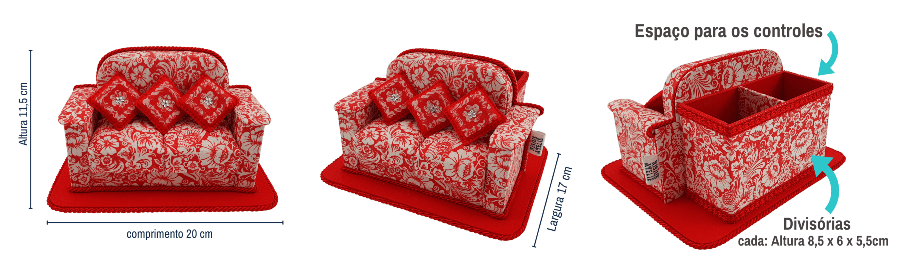 Medidas do porta controle remoto sofá floral vermelho com 2 divisórias