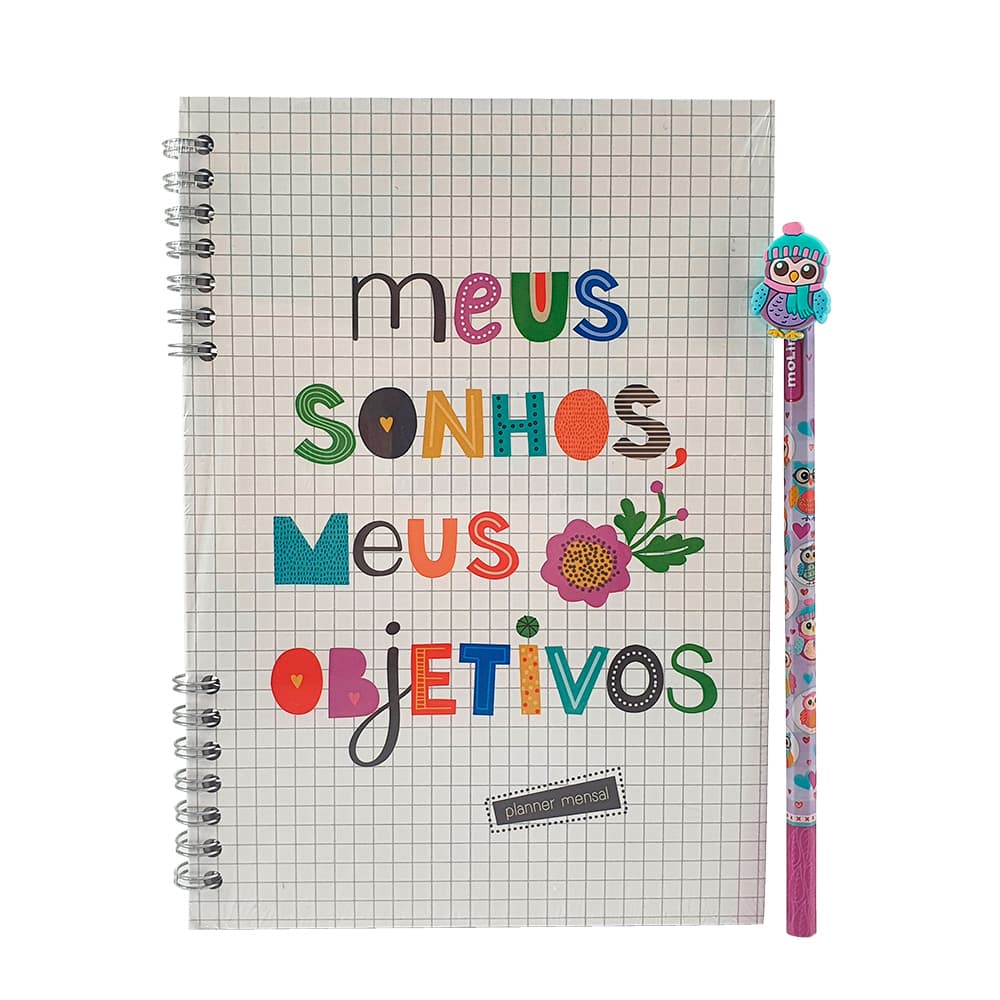 Planner Compacto Mensal Frases Coloridas + Lápis